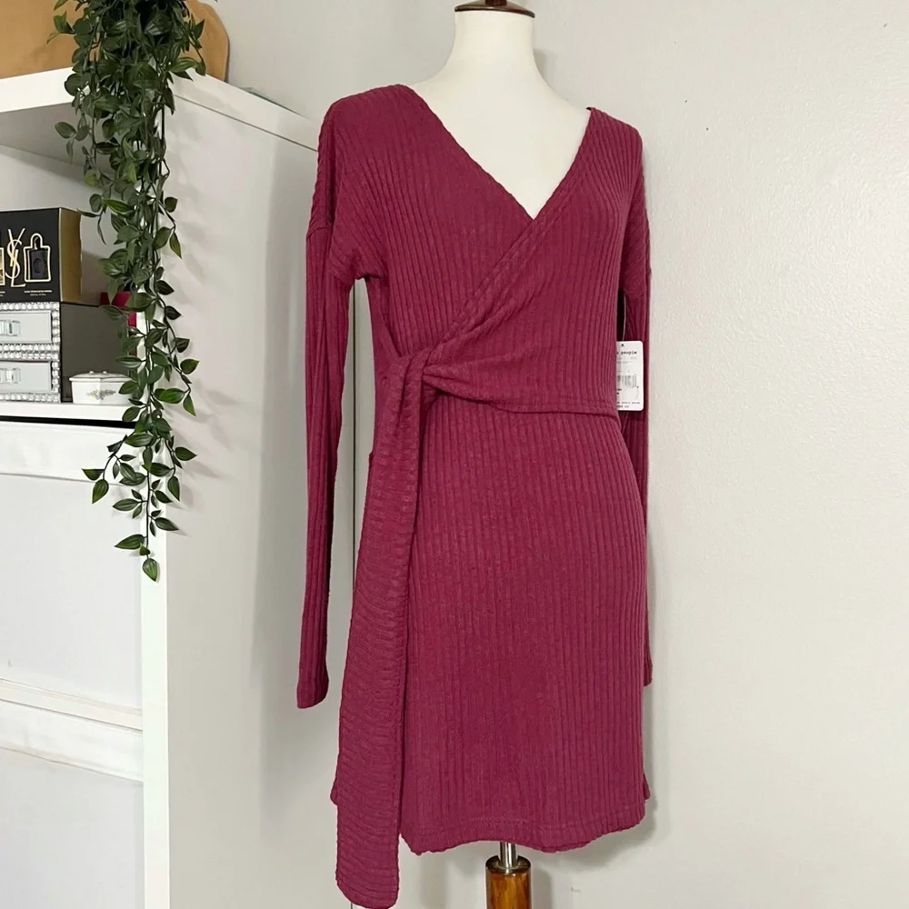 Free‎ People Burgundy Long Sleeve V Neck Tunic Top Wrap Tie